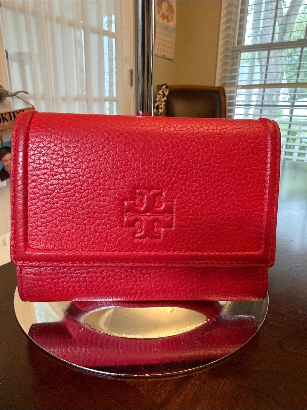Tory Burch Red Pebbled Leather Flap Wallet with Embossed Logo